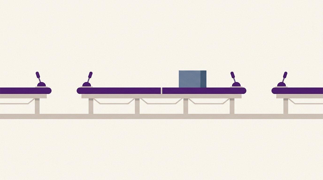 Editorial illustration of a segmented conveyor track with manual levers marking each break in the line