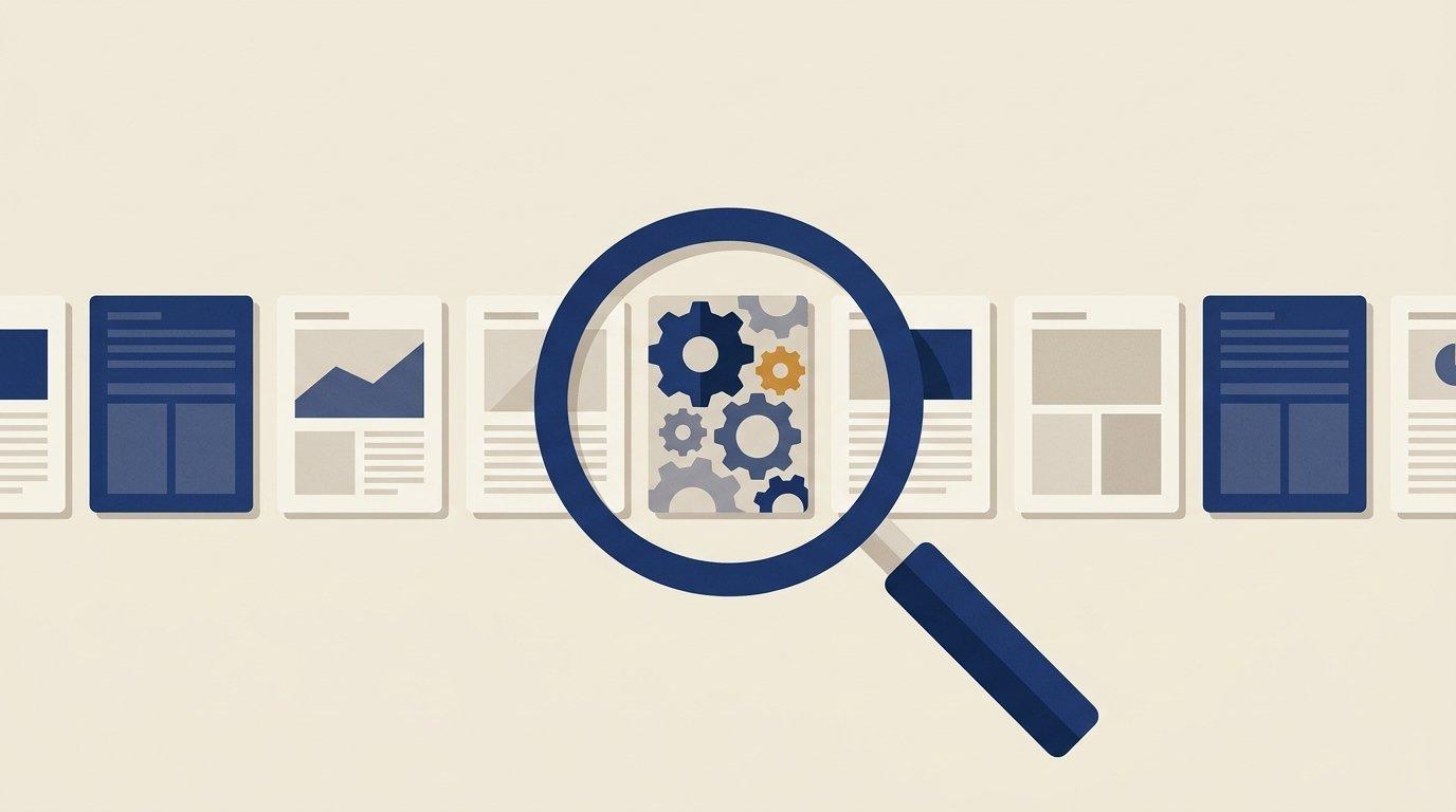 Editorial illustration of a magnifying glass reading a stack of content pieces, sorting them by the buying situation each one owns