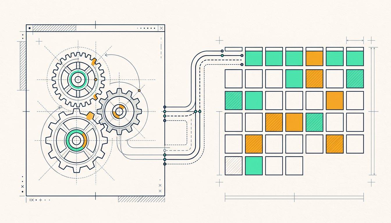 Editorial illustration of three connected mechanical gears feeding into a single calendar booking counter