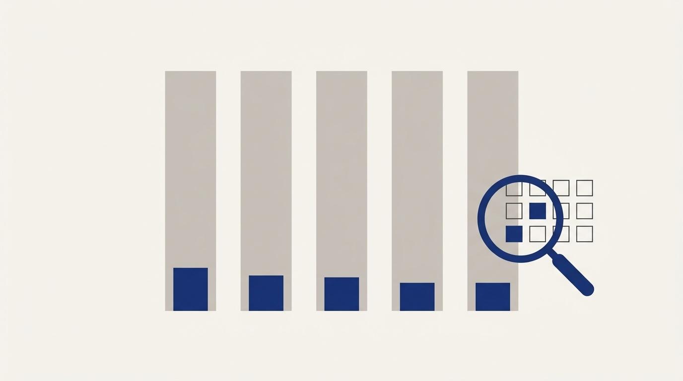 Flat editorial illustration of five tall grey bars, each with a small navy segment at the base, beside a magnifying glass over a grid where only two squares are filled