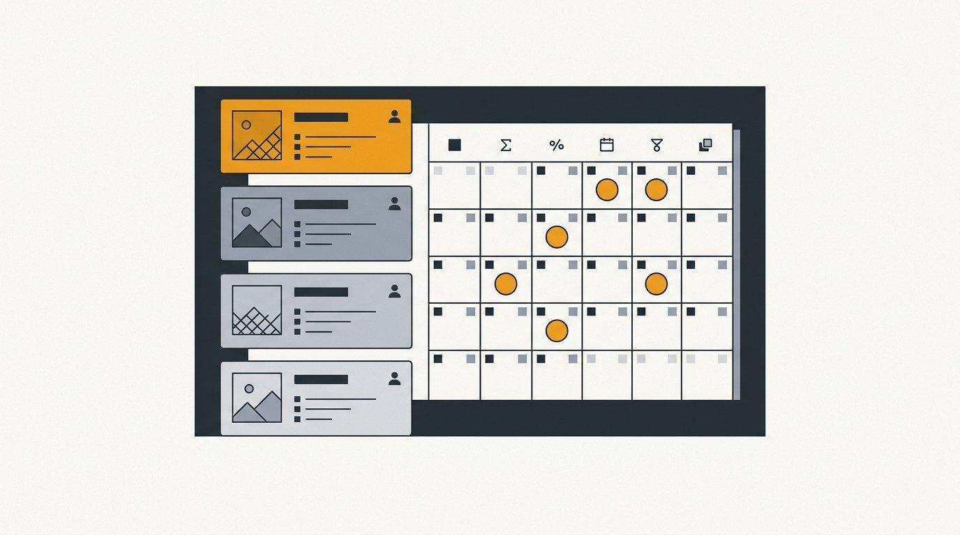 A flat editorial illustration of a buyer's decision shortlist with one vendor already marked, set against a calendar of trigger dates