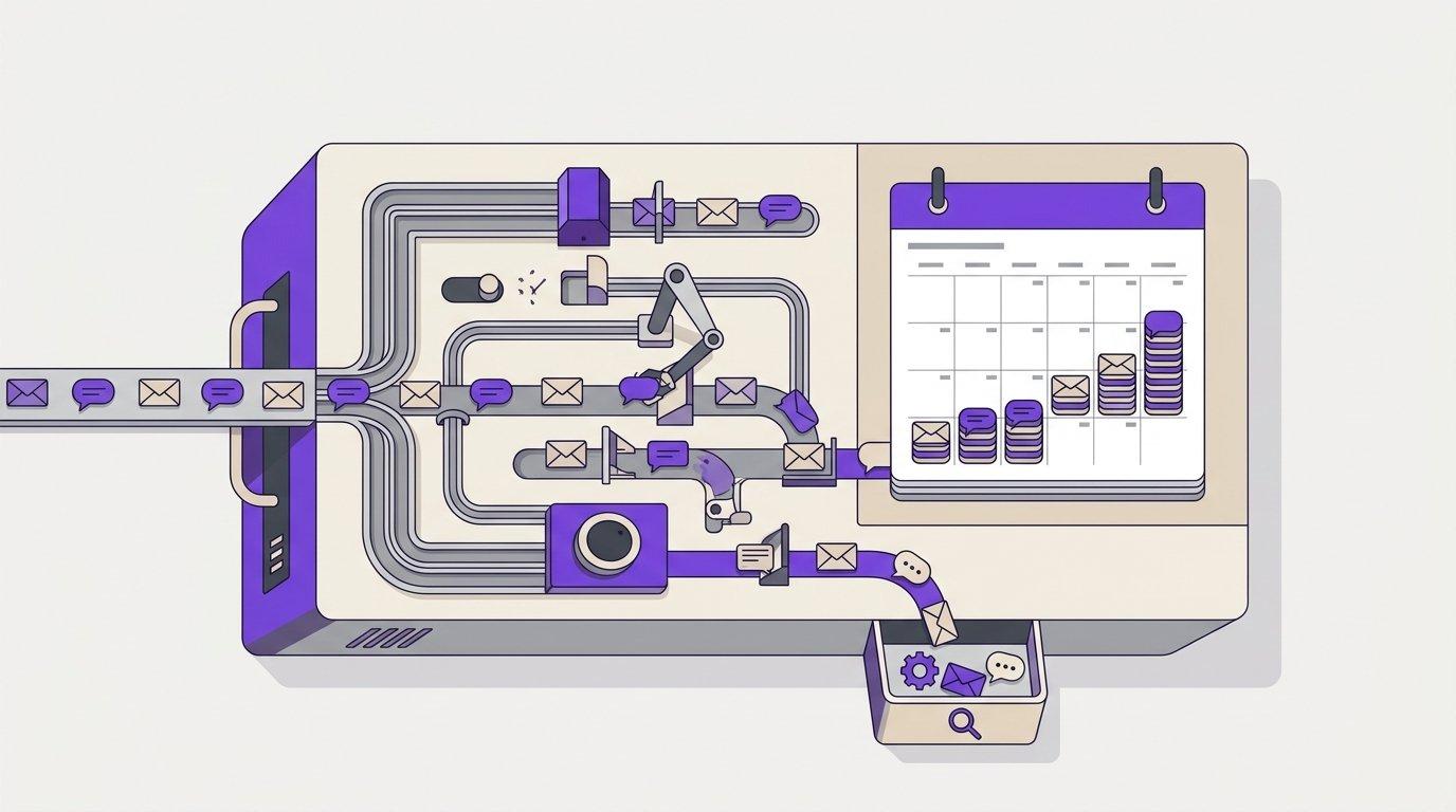 Editorial illustration of a control panel routing sales conversations, representing AI SDR software inside a coordinated growth system