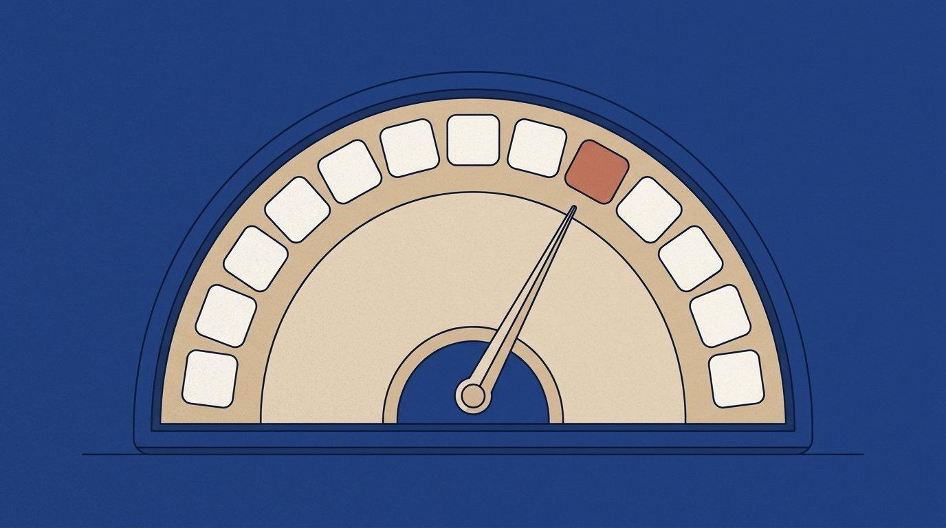 An editorial illustration of a measurement dial reading brand visibility across AI search engines