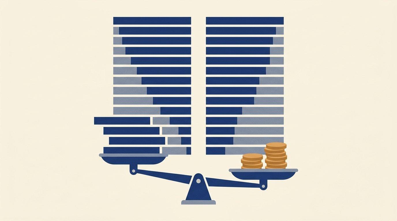 Editorial illustration of two ranked keyword lists being weighed on a balance scale against a stack of coins