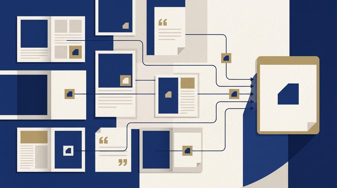 Editorial illustration of a brand name being passed between separate publications and an answer panel, representing earned brand mentions feeding AI search