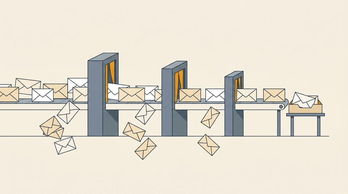 Editorial illustration of an inbox filter sorting envelopes through three sequential gates