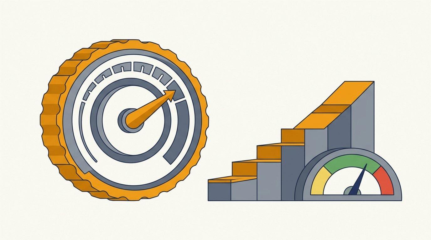 Editorial illustration of a dial slowly ramping up sending volume next to a reputation gauge