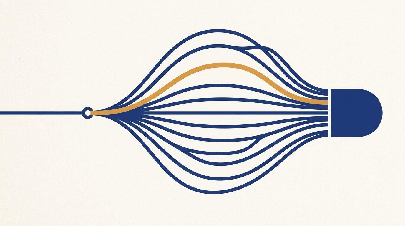 Editorial illustration of one search query branching into many parallel sub-queries that feed a single synthesized answer