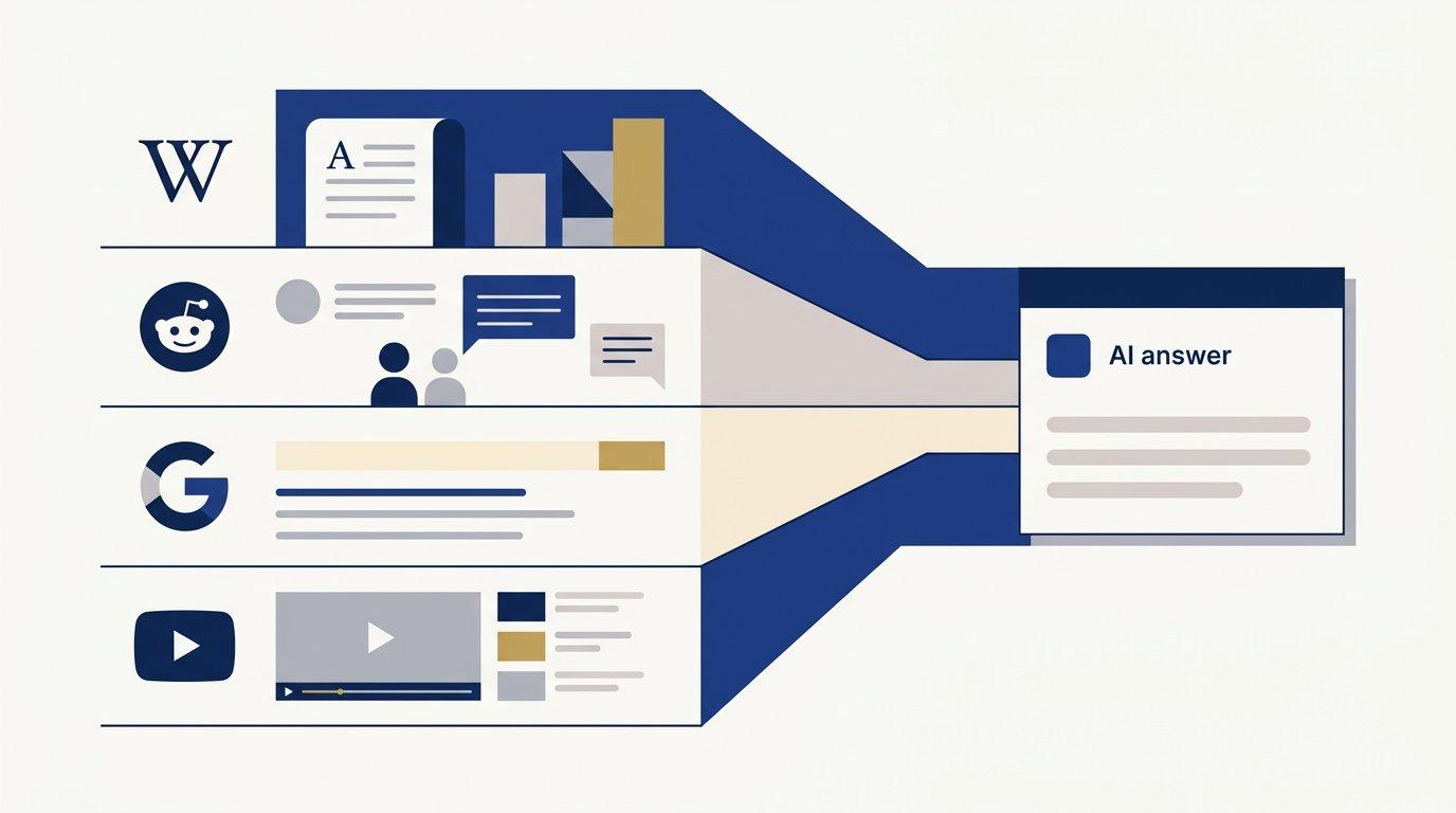 Editorial illustration of four overlapping retrieval substrates feeding an AI answer panel