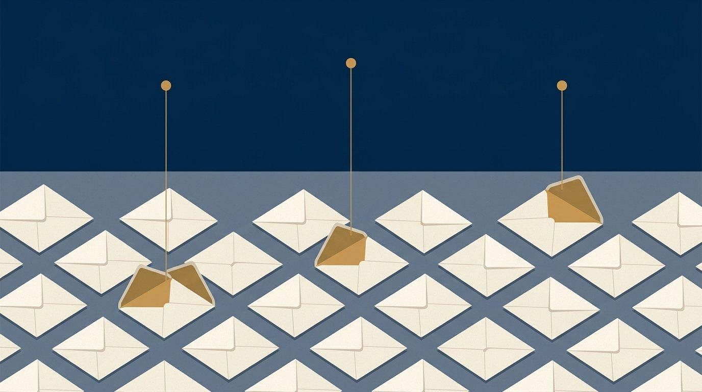 Flat editorial illustration of a grid of identical sealed envelopes with three opened ones connected by fine lines to single points above