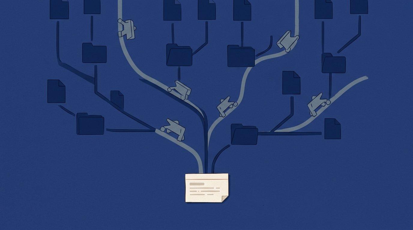 Editorial illustration of a lone index card at the root of a website directory tree that crawler bots pass by without reading