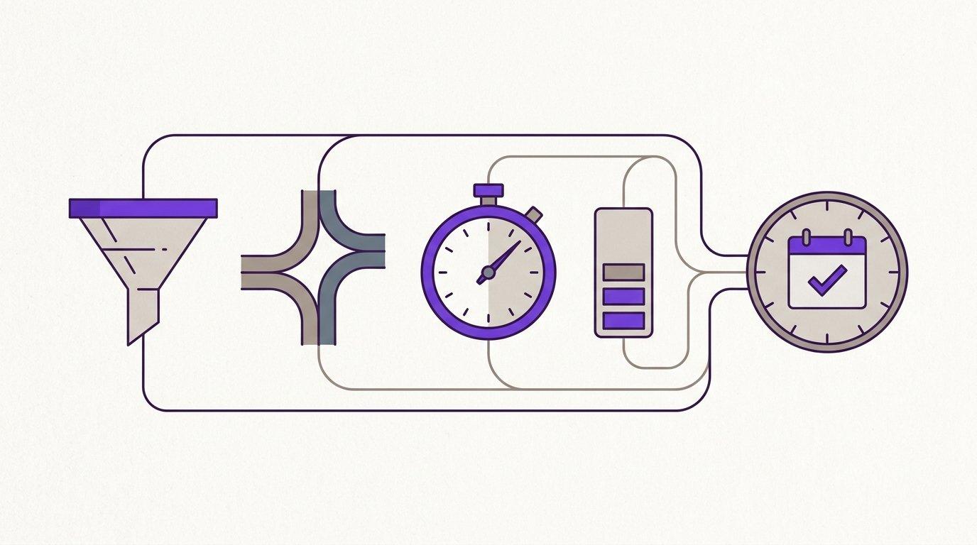 A flat editorial illustration of four connected gears feeding into a single dial labeled with a checkmark, in purple and neutral tones