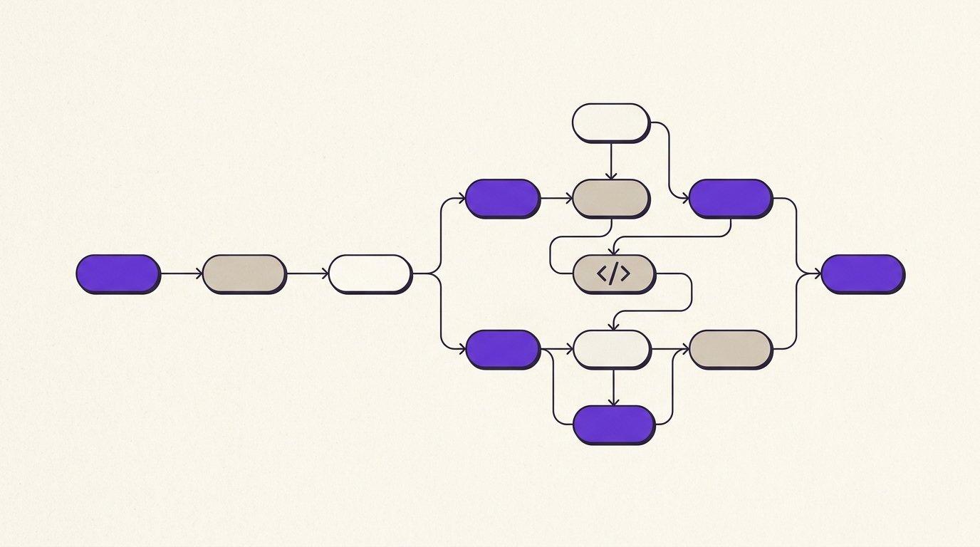 Editorial flat illustration of two interlocking automation flow paths, one simple and one branching, meeting at a single connection point, purple and neutral tones