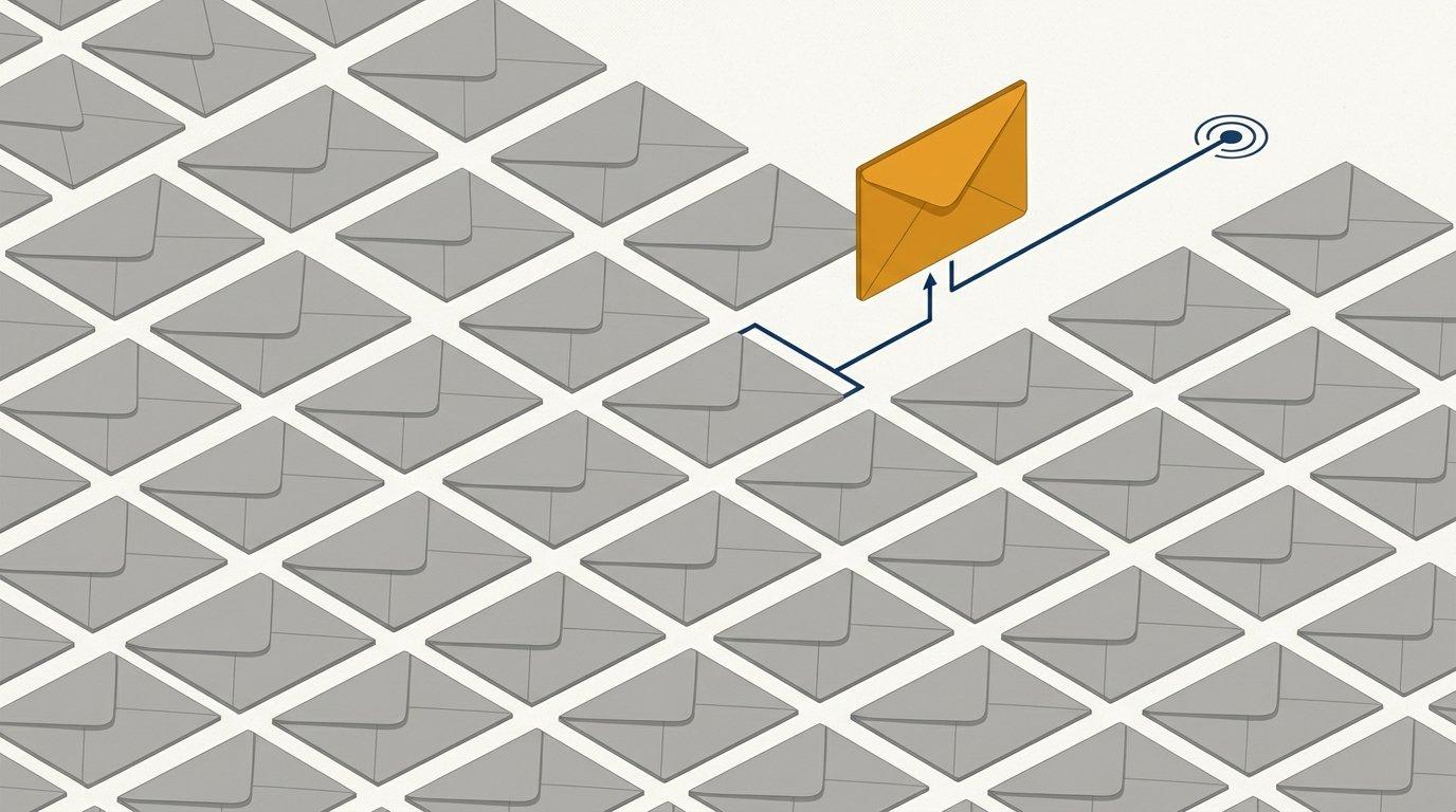 Editorial illustration of a single email envelope being routed by a signal trigger among a grid of generic envelopes
