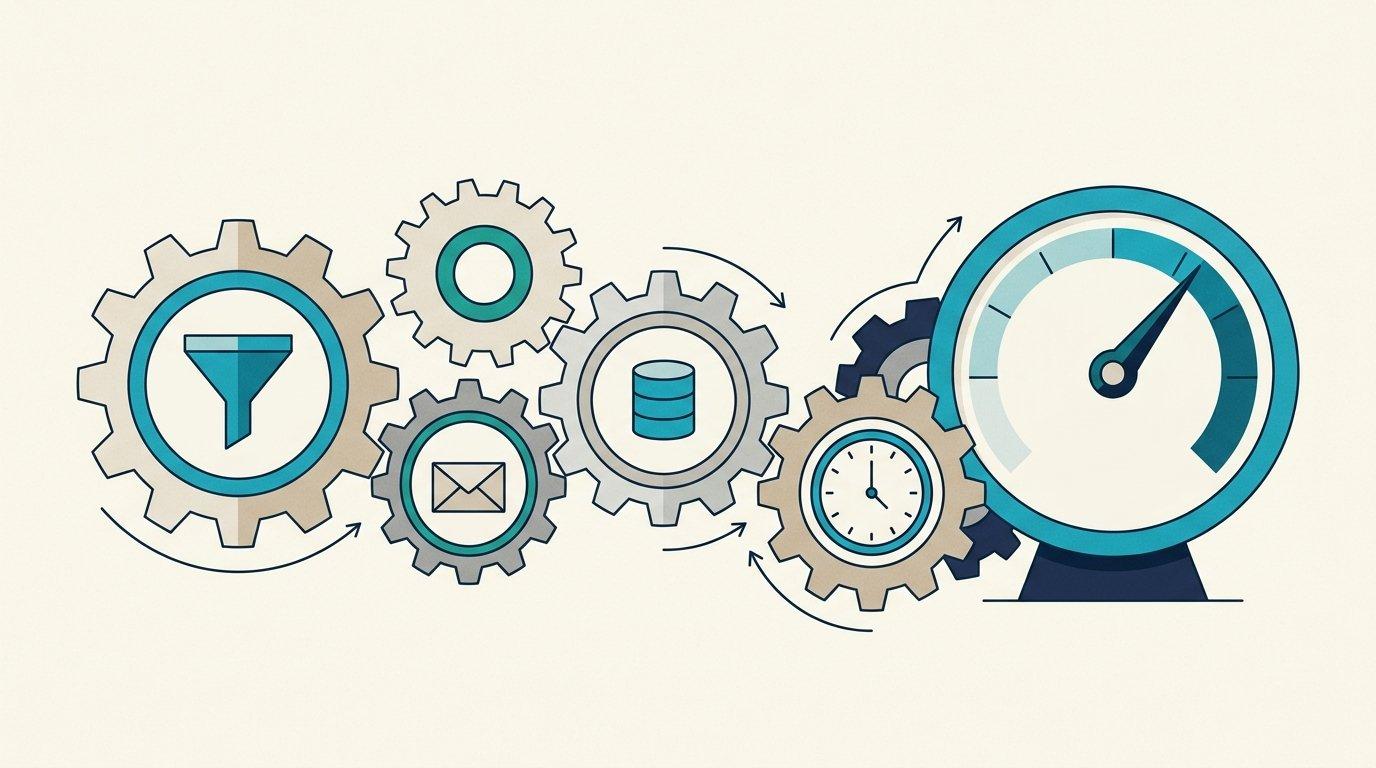 Editorial illustration of a sales pipeline as a set of connected gears feeding a single output dial, in flat cyan and neutral tones
