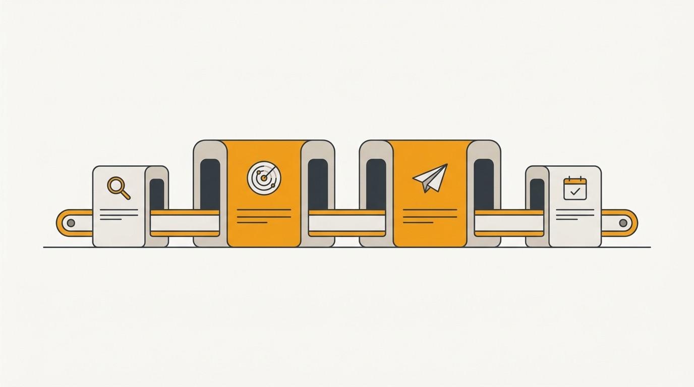 Editorial illustration of a sales prospecting stack drawn as four connected stations on a conveyor, with the middle stations larger than the ends