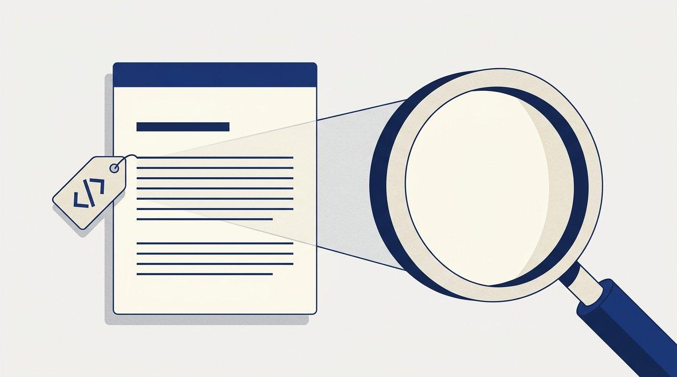 Editorial illustration of a structured data label tag attached to a document, with a search panel reading the visible page rather than the tag
