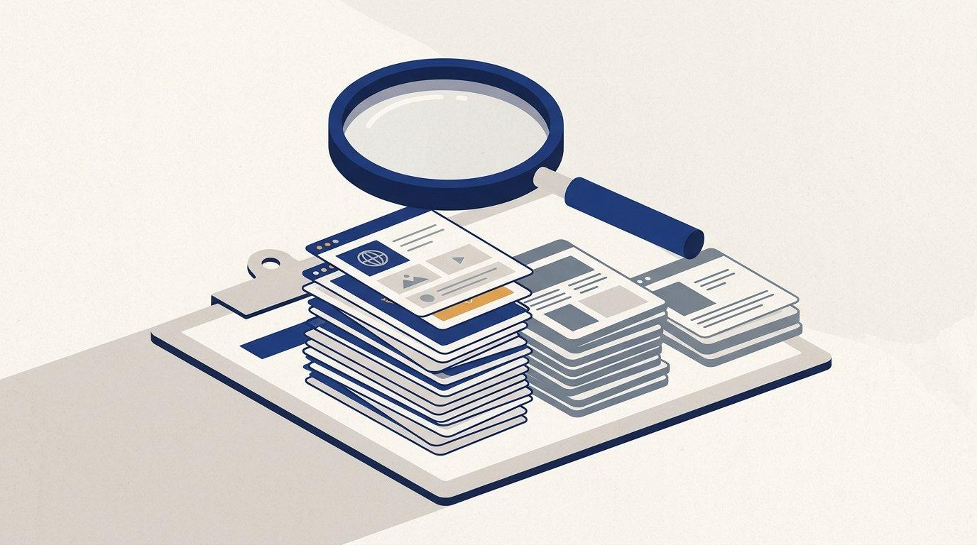 An editorial illustration of a magnifying glass sorting website pages into prioritized stacks on a clipboard