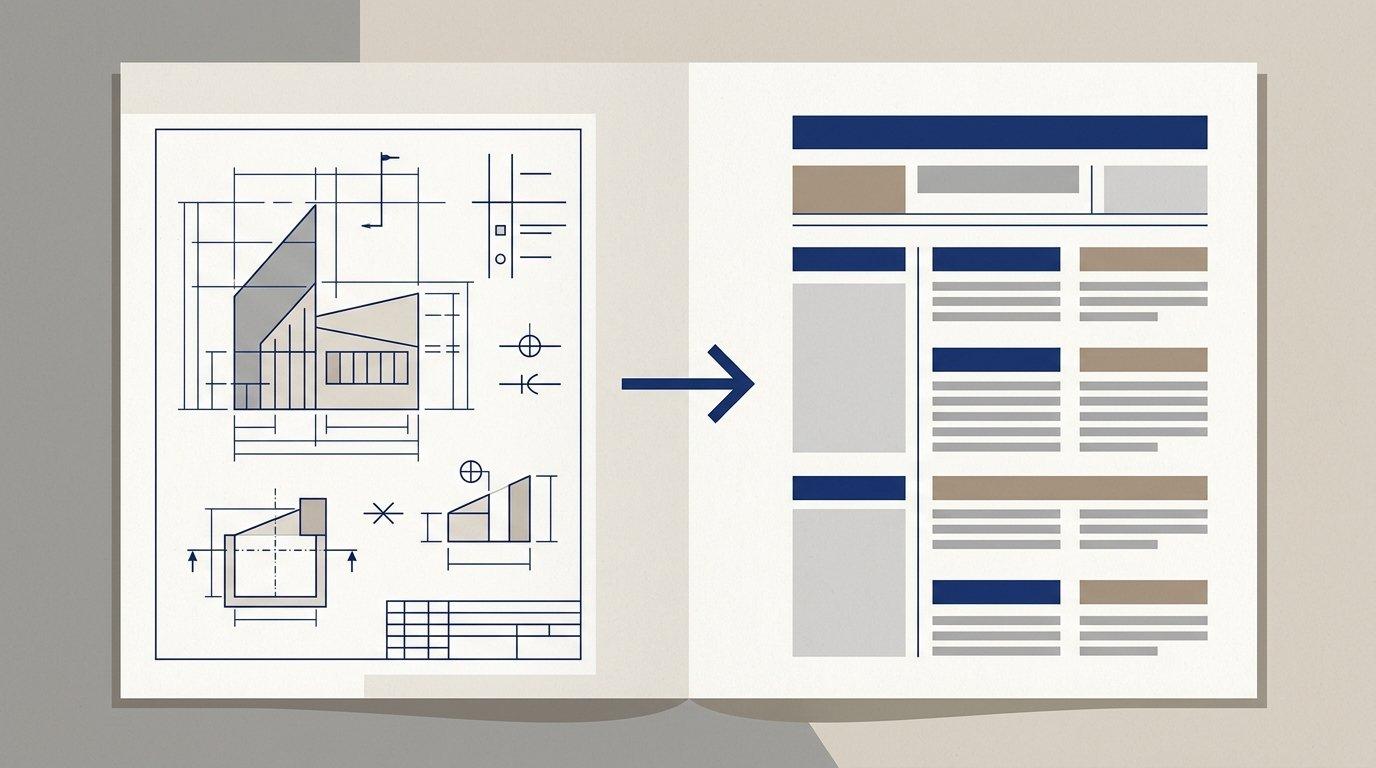 An editorial illustration of a blueprint-style spec sheet feeding into a document outline, in deep blue and neutral tones