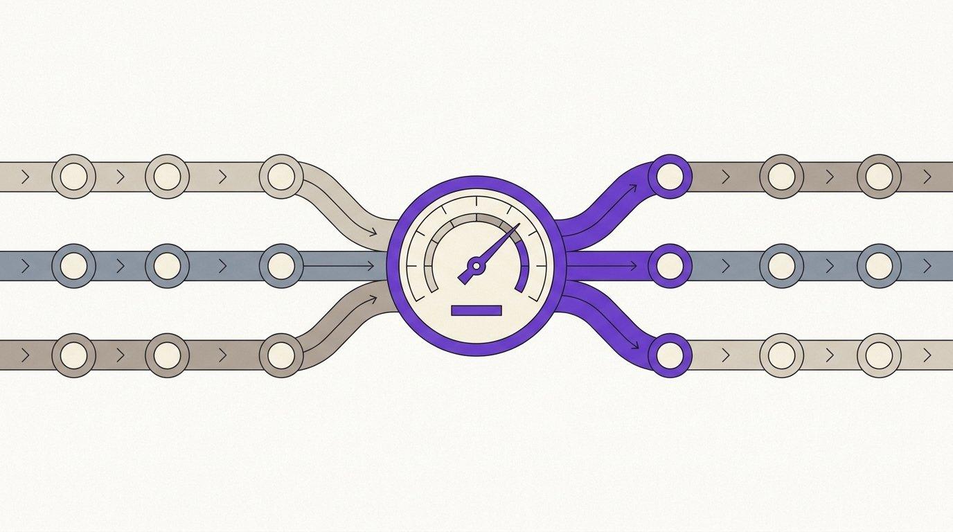 Editorial illustration of three connected process tracks feeding a single output dial