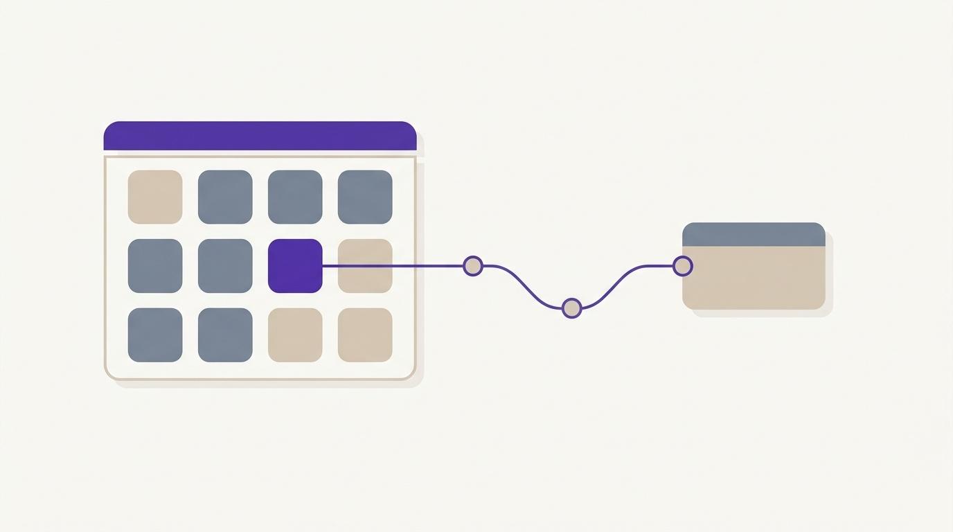 Editorial illustration of a calendar grid with one booked slot connected by a continuous line through waypoints to a record card