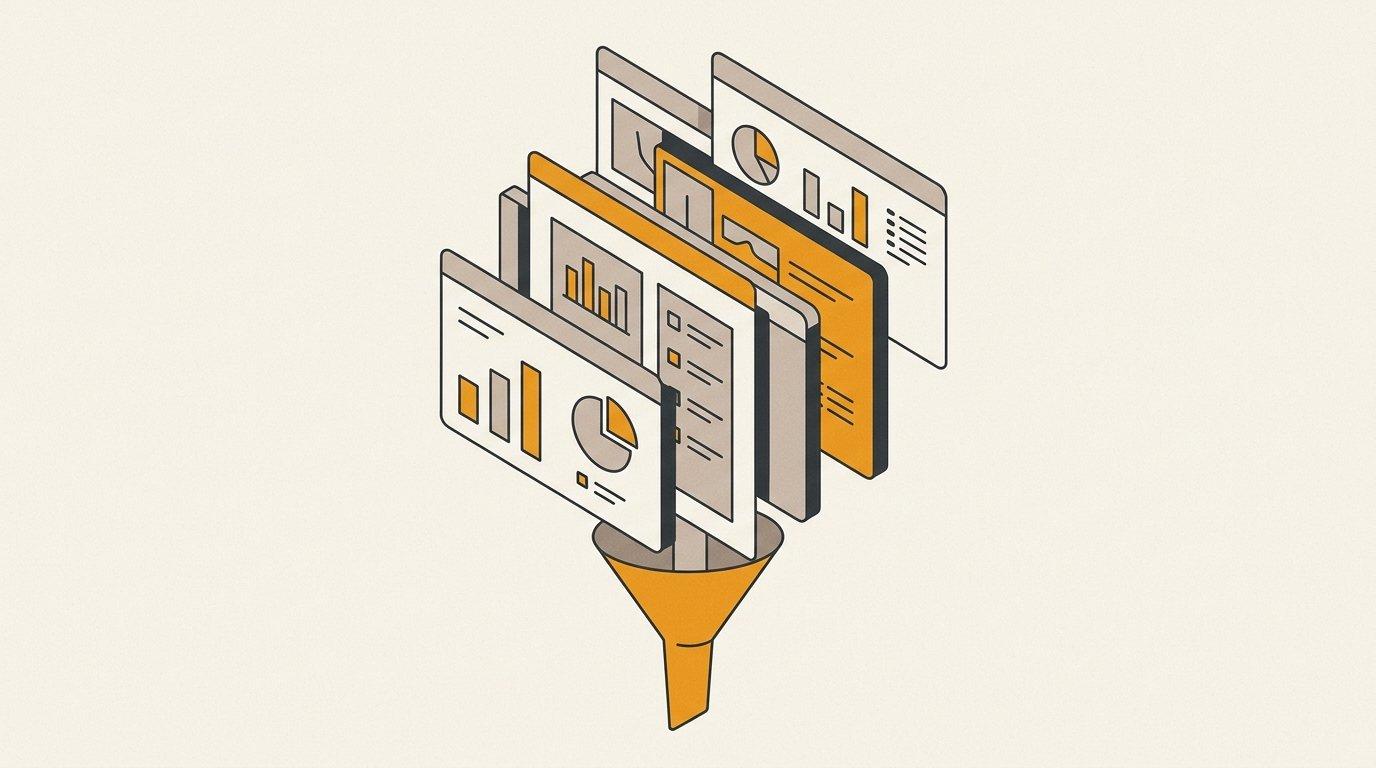 Editorial illustration of many stacked software panels converging into a single narrow funnel outlet