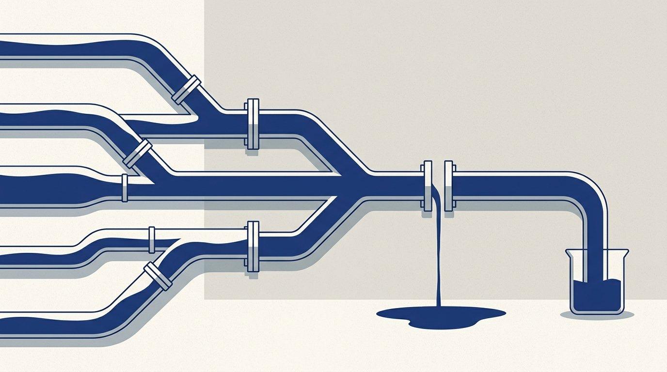Editorial illustration of several intake pipes converging into one channel that leaks at an unsealed joint, with only a small amount reaching the collection vessel