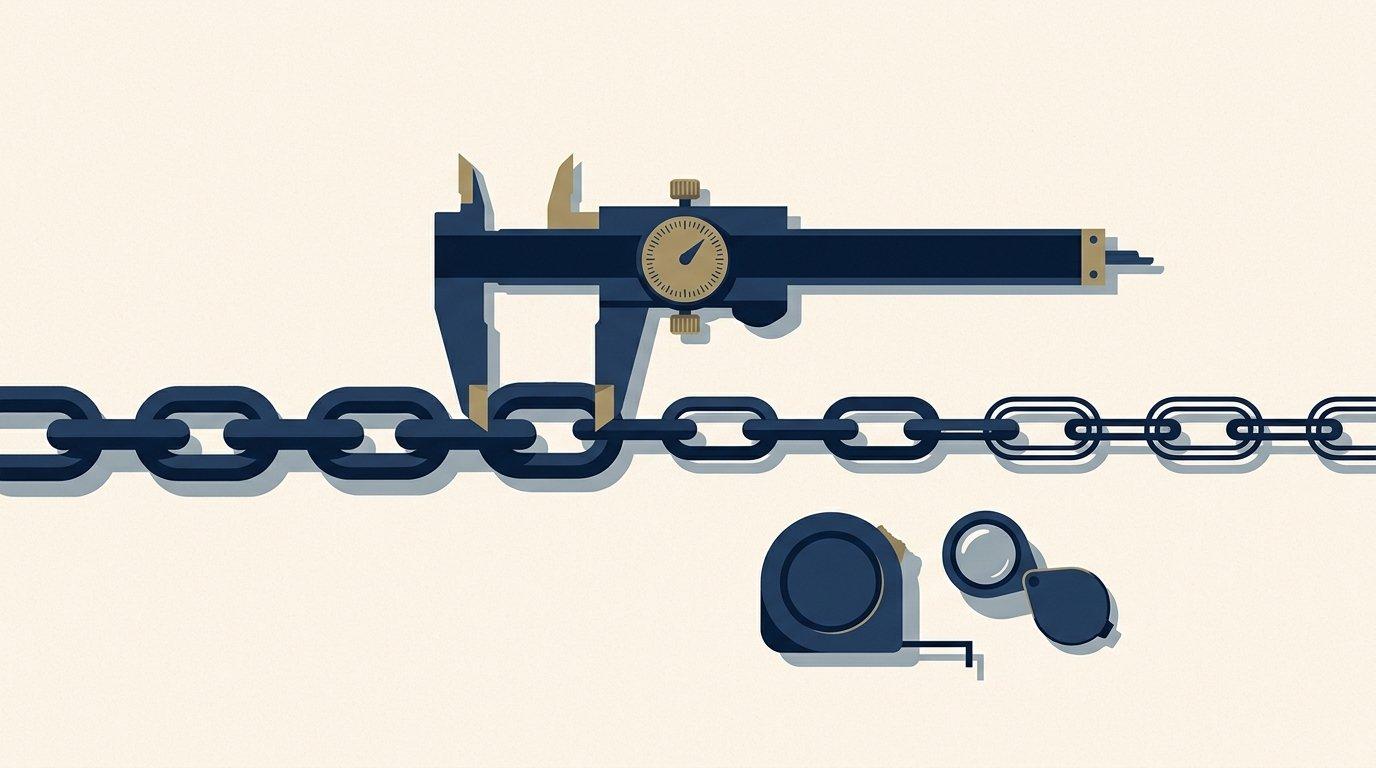 Flat editorial illustration of a precision caliper measuring a chain whose links thin out from solid to hollow