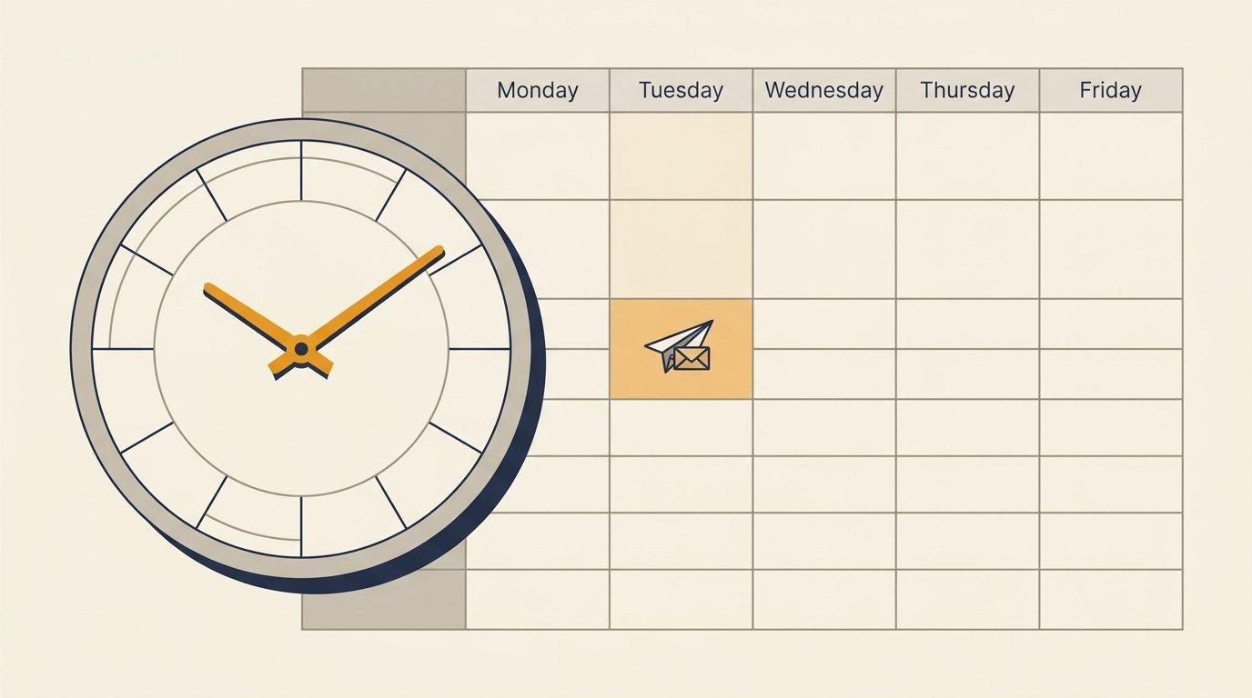 Editorial flat illustration of a clock face overlaid on a weekly calendar grid with a highlighted mid-morning window, amber and neutral tones