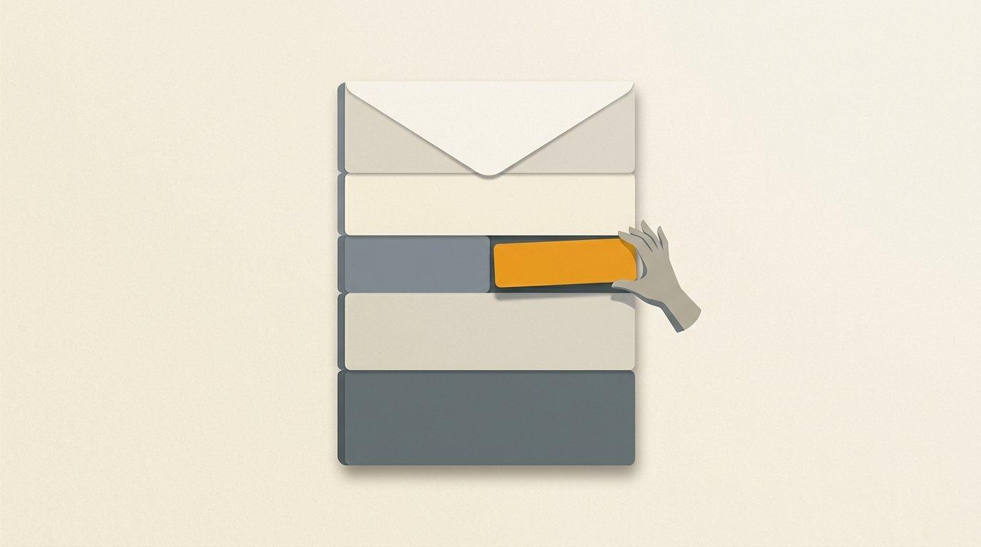 Editorial illustration of a cold email template shown as a fill-in-the-blank frame with four labeled slots