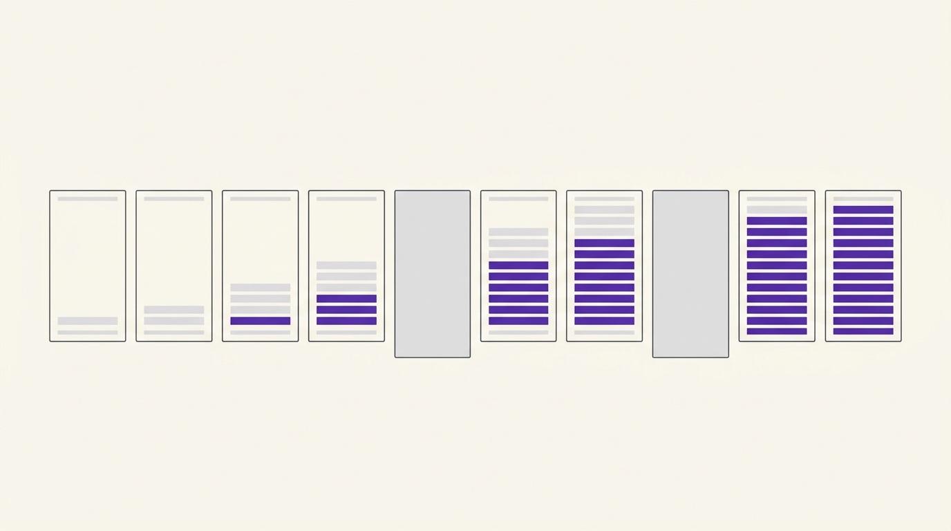 Editorial illustration of a row of record cards filling in progressively from left to right, with several cards remaining blank