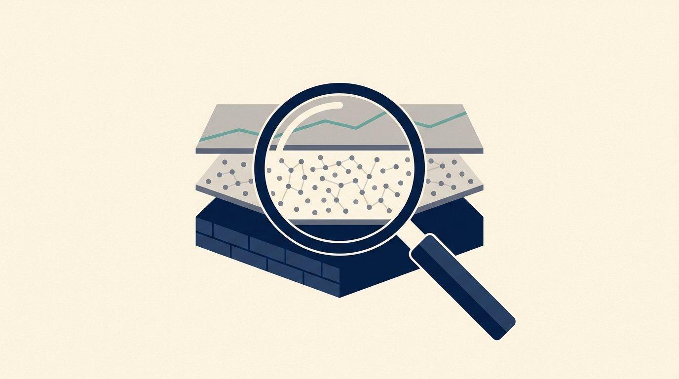 Editorial illustration of a three-layer inspection of a website's visibility in AI answer engines