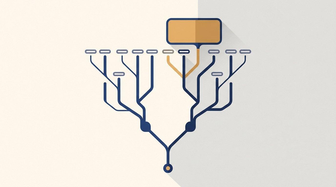Editorial illustration of a search query splitting into branches, with only some paths lighting up to show an AI Overview, in deep blue tones