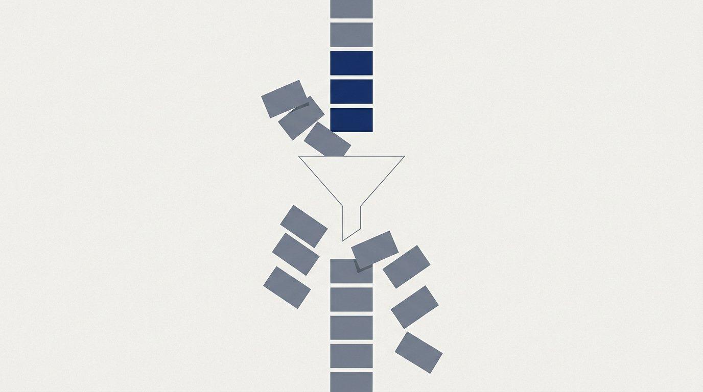 Flat editorial illustration of a long column of grey keyword cards passing through a funnel, with most rejected and a few navy cards selected