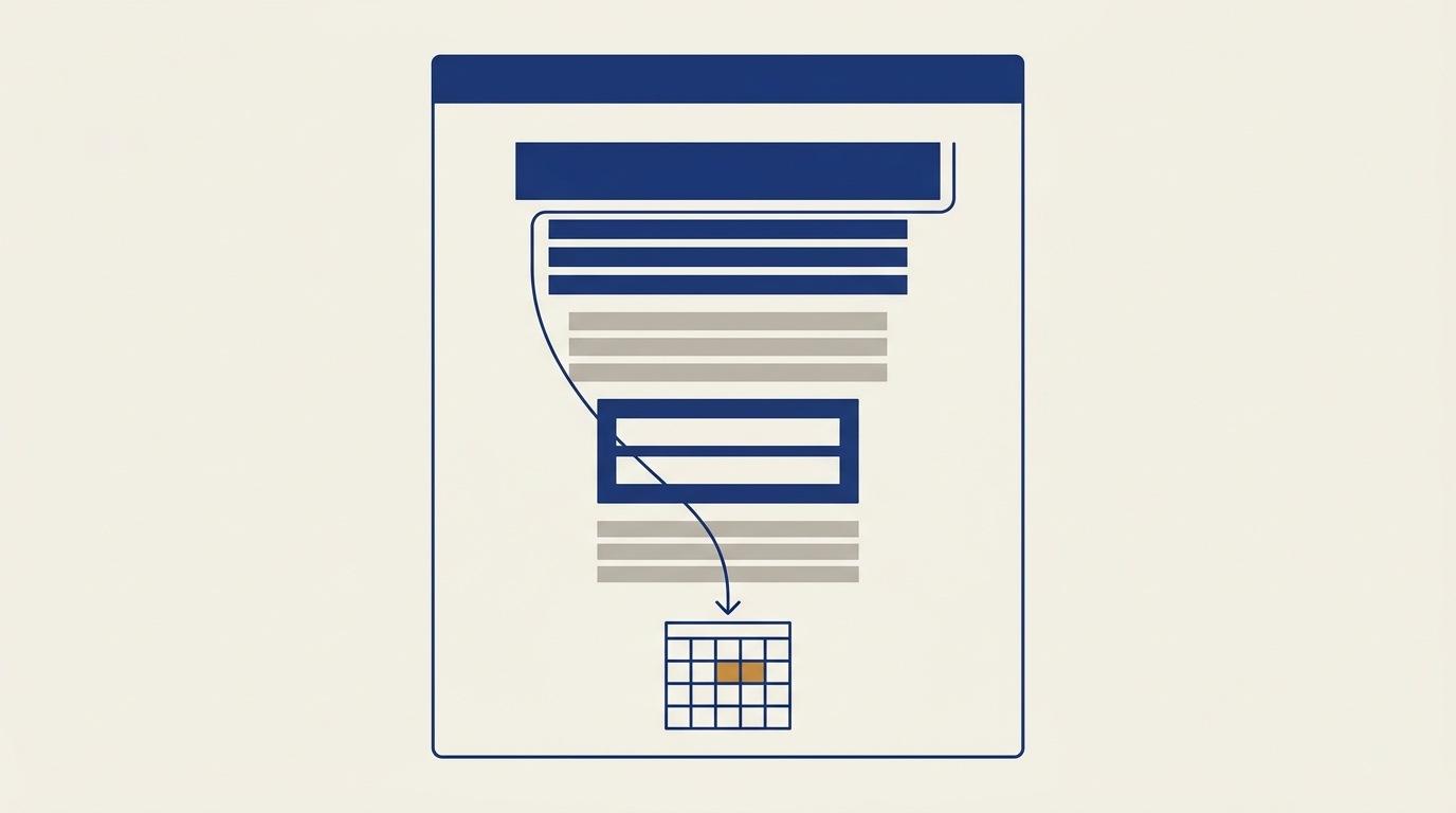 Editorial illustration of a landing page wireframe inside a browser window, with a line tracing down through the page into a calendar grid where one slot is booked