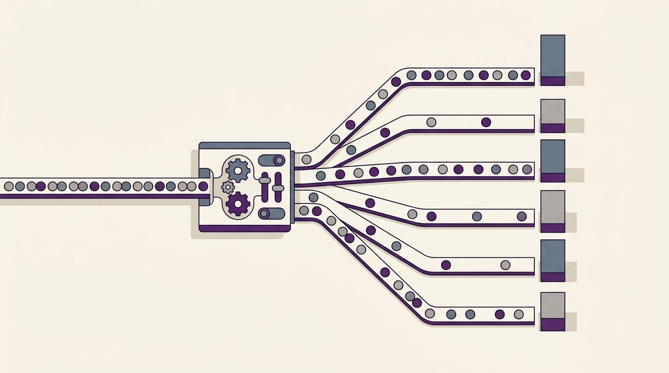 Editorial illustration of a single inbound track meeting a sorting junction and fanning out into several tracks that distribute unevenly across destination markers