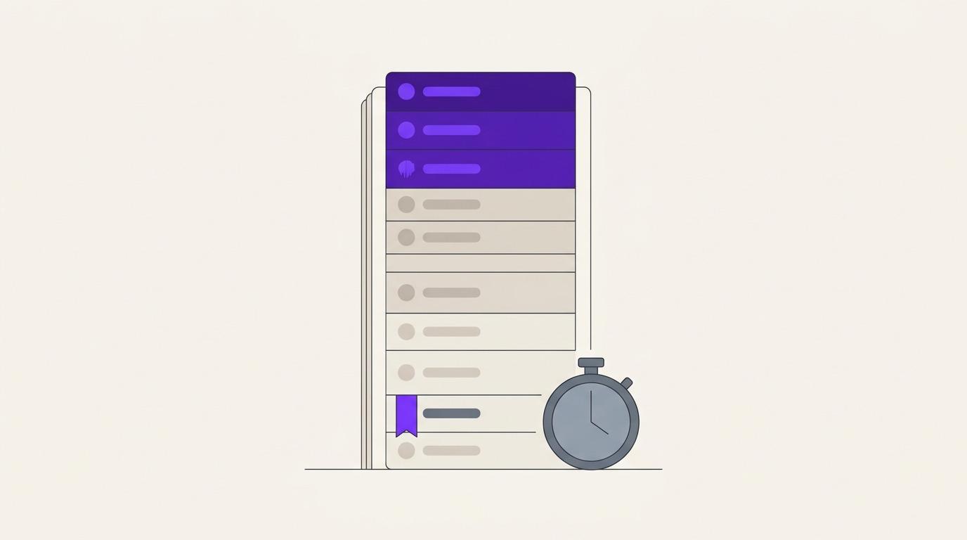 Flat editorial illustration of a ranked list with the top rows highlighted, one overlooked row marked near the bottom, and a stopwatch beside it