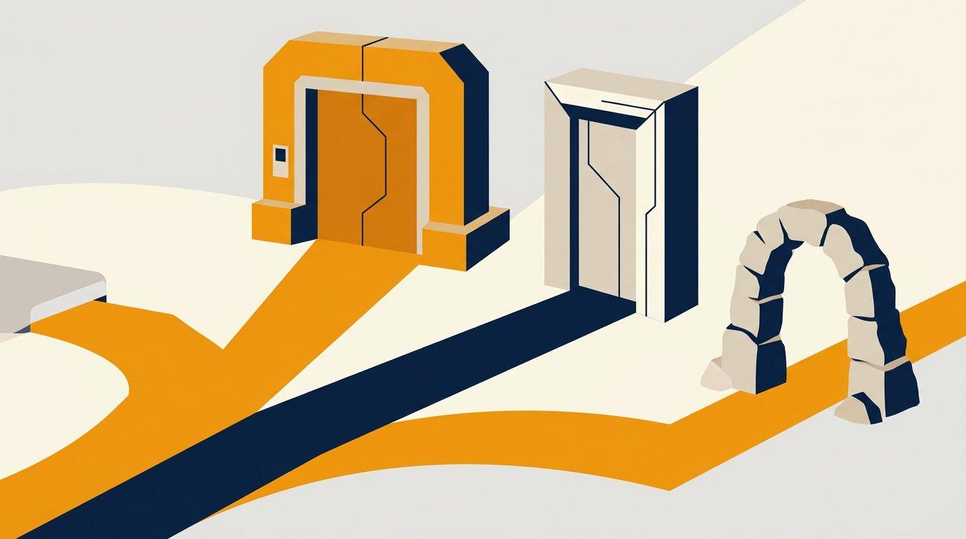 Editorial illustration of three diverging paths representing different cold email tool decision criteria