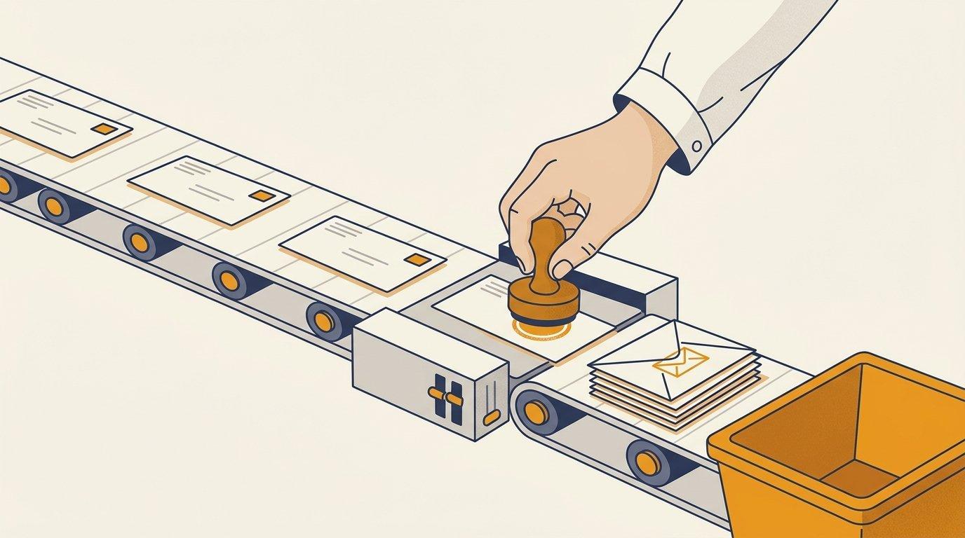 Editorial illustration of a person guiding an automated conveyor of messages, with a human hand approving each one