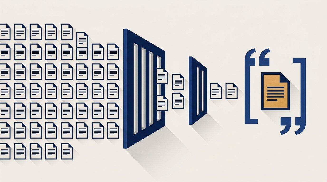 Editorial illustration of a layered retrieval funnel filtering web pages down to a cited answer, in deep blue tones