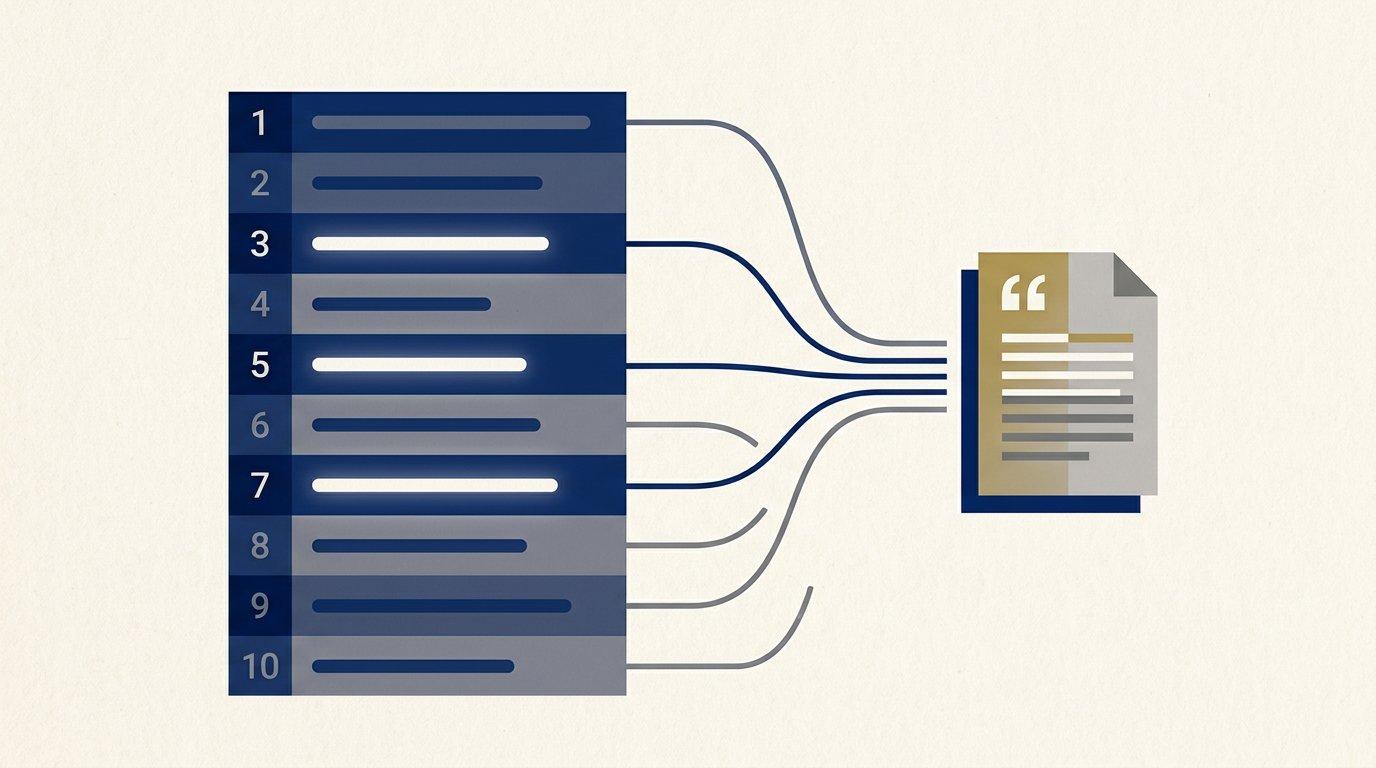 Editorial illustration of a citation flowing from a ranked search result into an AI answer