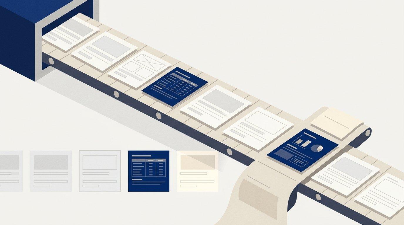 Editorial illustration of identical page templates rolling off a press, with a few pages carrying unique data tables and most pages blank
