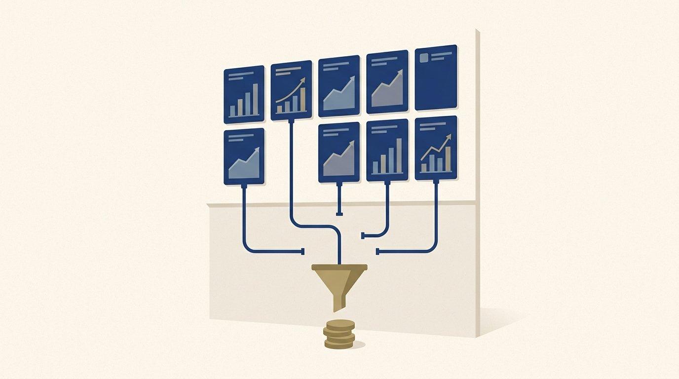 Editorial illustration of a wall of rising metric charts with pipes running down behind it, only one of which connects to a funnel above a small stack of coins