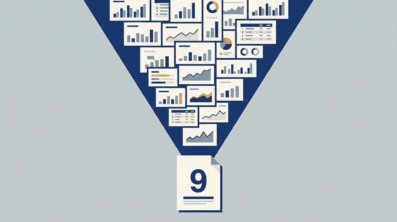 Editorial illustration of dozens of small dashboard charts funneling down into a single printed report page showing one number