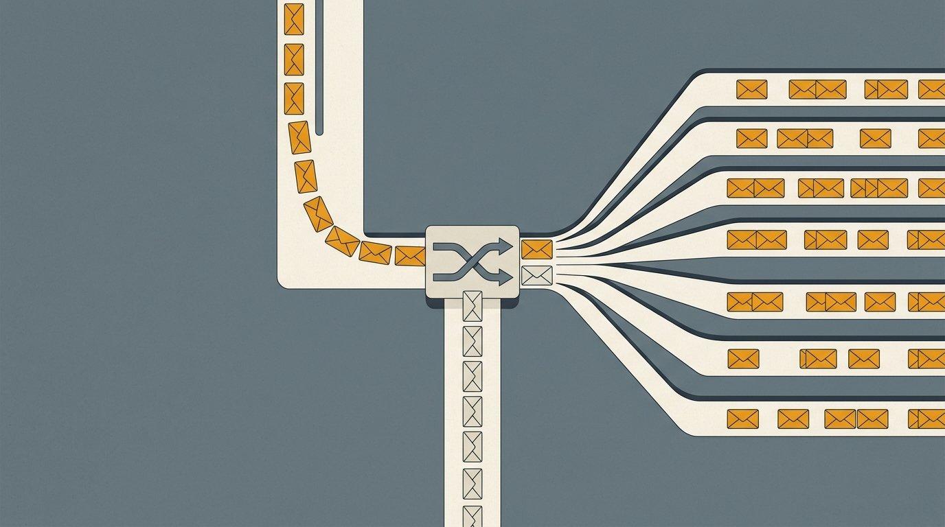 Flat editorial illustration of a mail-routing switch splitting a stream of envelopes into one single channel and a fan of separate parallel lanes.