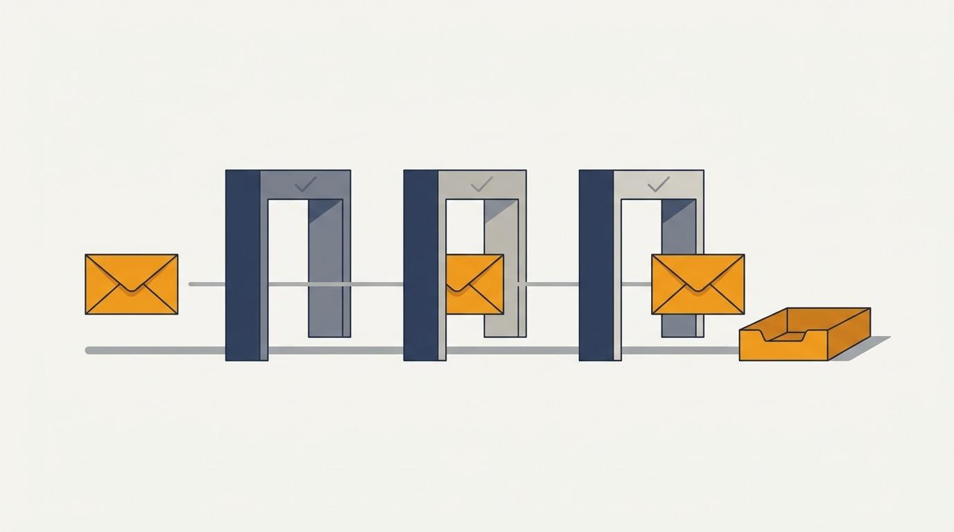 Editorial illustration of three stacked gates an envelope must pass through before reaching an inbox