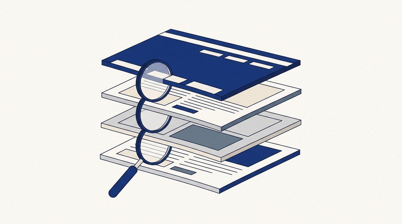 Editorial illustration of a website rendered as four stacked cross-section layers with a magnifying glass passing down through them