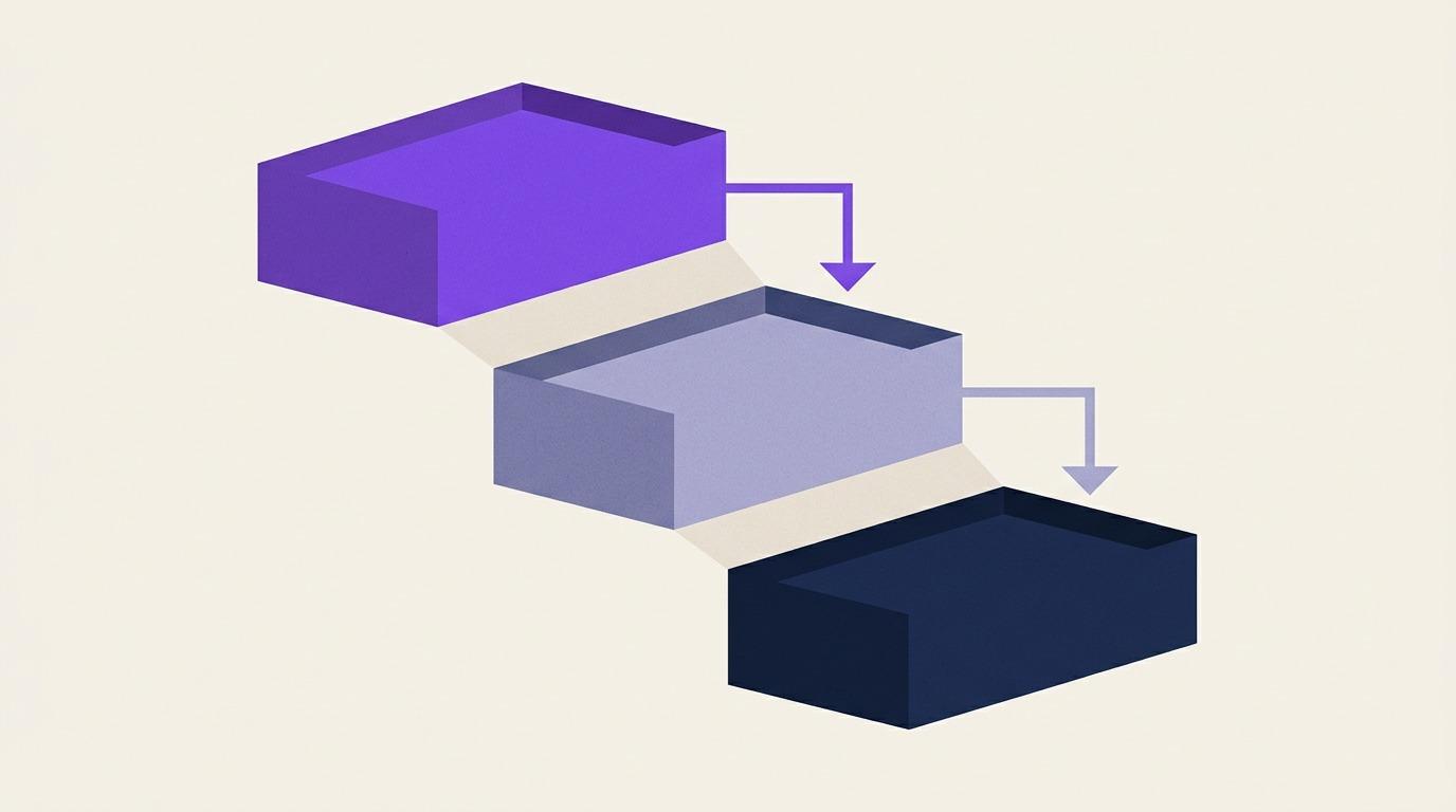 Editorial illustration of layered data streams cascading through filters, representing sequential B2B contact enrichment
