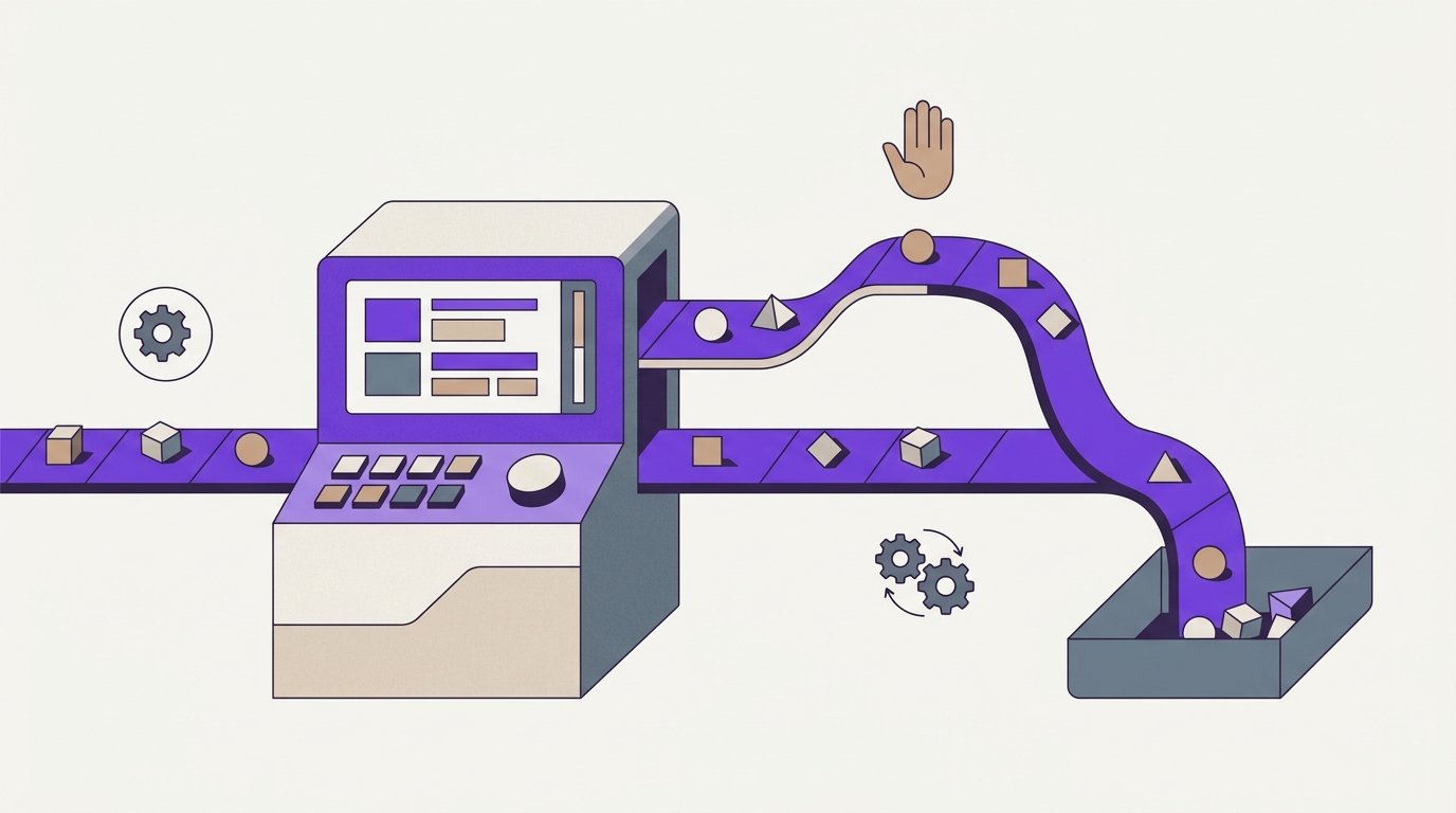 Editorial illustration of a control panel sorting sales tasks into automated and human-review lanes
