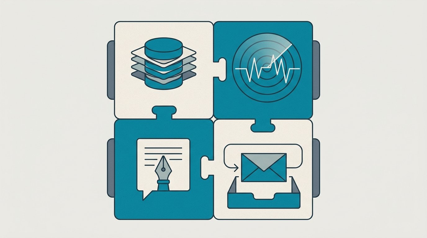 Editorial illustration of four interlocking panels representing data, signal, message, and sender as the four jobs of AI sales prospecting